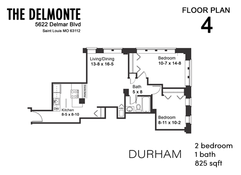 Floor plan for 2 beds, 1 bath, 825 sqft